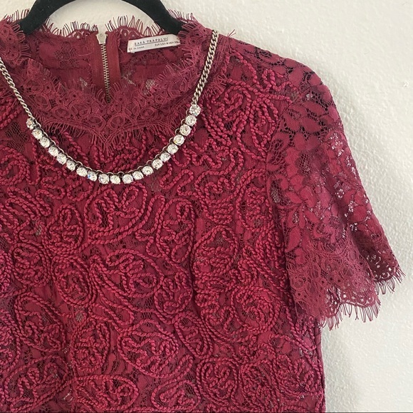 ZARA Lace Embroidered Maroon Shirt Blouse - Picture 2 of 5